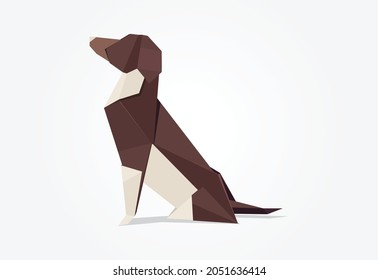 Origami dog sits on the white background. Vector paper folded animal