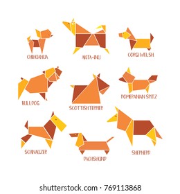 Origami dogs icon set. Abstract pet dog various breed sign silhouette isolated on white. Freehand drawn cut out paper puppy dogs emblem. Template geometric logo design. Vector pets symbol illustration