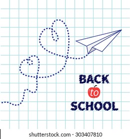 Origami doodle paper plane Two dash heart Paper sheet background Exercise book Back to school Flat design Vector illustration 