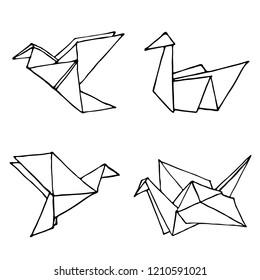 Origami doodle simple set. Collection with four hand drawn origami birds crane, swan, colibri and dove. Geometric minimalistic logo or icon. Vector illustration