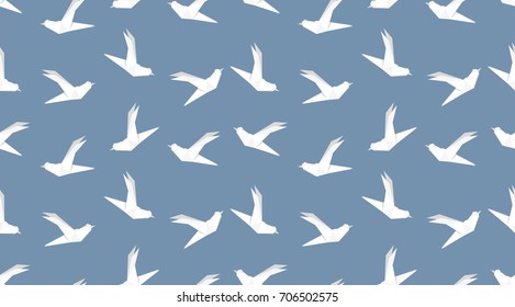 Origami dove bird seamless pattern on blue background. Japanese vector ornament. Endless texture can be used for wallpaper, web page background, surface, textile print..