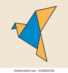 Origami dove in the colors of the Ukrainian flag, a symbol of peace. Vector illustration, flat design. All elements are insulated.