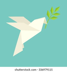 Origami dove flies and carries a twig.International day of peace. Vector illustration with olive branch.Flat design style