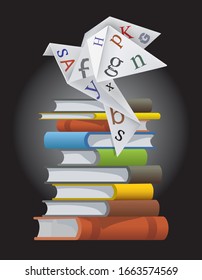 Origami dove with letters on pile of books. 
Illustration of paper bird with books symbolized literature.Vector available.