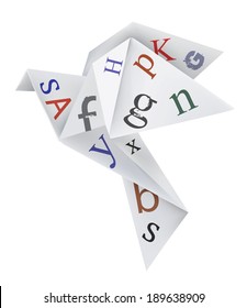 Origami dove with letters. Vector illustration of Origami dove printed with colorful letters, useful for theme such as literature, education, and paper recycling.