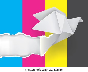  Origami dove ripping paper with print colors. Vector illustration of Origami dove ripping paper with print colors. Concept for presenting color printing press. 
