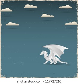 Origami Dragon on grunge background. Vector paper-art