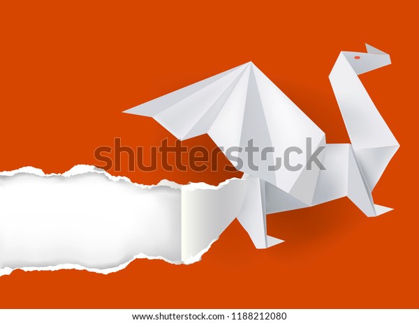 Origami Dragon\
ripping paper.\
Illustration of paper Dragon ripping red paper\
background.  Vector available.\
