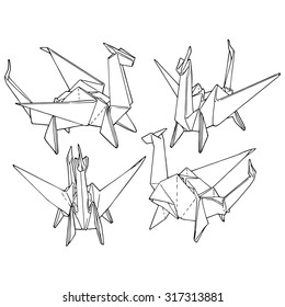 Origami dragon, a set of hand-drawn design elements, black contour on a white background.