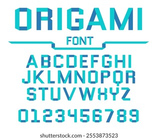 Origami effect paper font. Folded blue color strips and ribbons. Cardboard uppercase craft shapes. ABC typeset. Latin alphabet capital letters and numbers. Vector