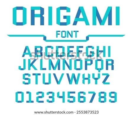 Origami effect paper font. Folded blue color strips and ribbons. Cardboard uppercase craft shapes. ABC typeset. Latin alphabet capital letters and numbers. Vector