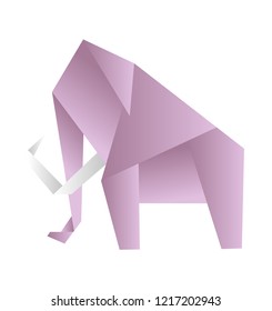 Origami elephant, vector. Pink paper figure on white background