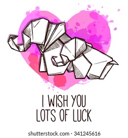 Origami elephants cordial good luck wish on special day card with heart symbol doodle abstract vector illustration