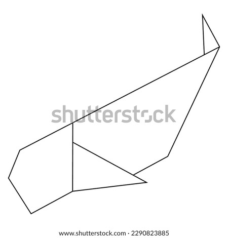 Origami figure in the form of a whale on a white background. Doodle line art vector drawing.