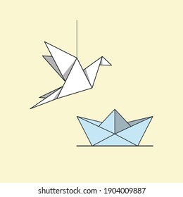 Origami figurines. Paper boat, paper crane.