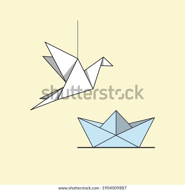 Origami figurines.\
Paper boat, paper\
crane.