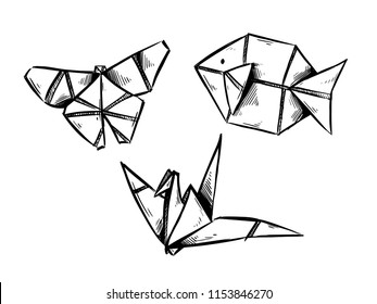 Origami Fish, Butterfly, Crane Vector