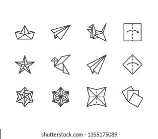 Origami flat line icons set. Paper cranes, bird, boat, plane vector illustrations. Thin signs for japanese creative hobby. Pixel perfect 64x64. Editable Strokes.