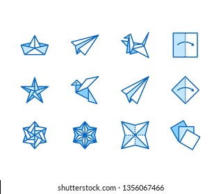 Origami flat line icons set. Paper cranes, bird, boat, plane vector illustrations. Thin signs for japanese creative hobby. Pixel perfect 64x64. Editable Strokes.