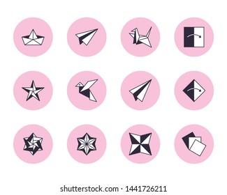 Origami flat line icons set. Paper cranes, bird, boat, plane vector illustrations. Thin signs for japanese creative hobby.