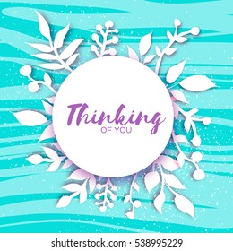 Origami flower, twig with leaves, grass. 3D Paper cut Floral Greeting card for women. Blue Holiday background with space for text and circle frame. Trendy Design Template. Vector illustration.