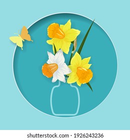 Origami, flowers with butterflies. Daffodils in a jug. Postcard for the holiday. Design for the holidays.
