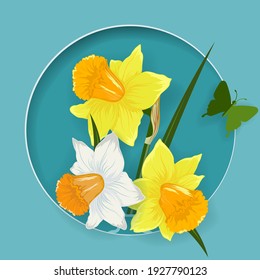 Origami, flowers with butterflies. Daffodils in a jug. Postcard for the holiday. Design for the holidays.