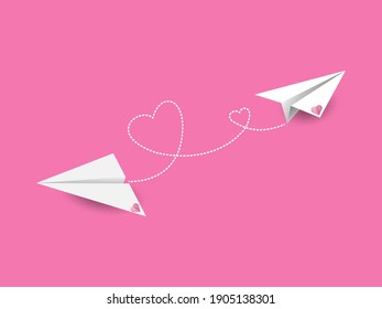 Origami flying paper airplane with dotted air route in heart.Valentine's day greetin card,background.Love concept,flight air trace .White plane with a clouds on a pink background.vector in EPS 10.