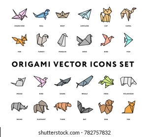 Origami Folded Paper Animals Shapes. Bird, Crane, Cat, Dog, Rhino, Fox, Mouse, Elephant. Flat Color Line Outline Stroke Icon Illustration Set Collection