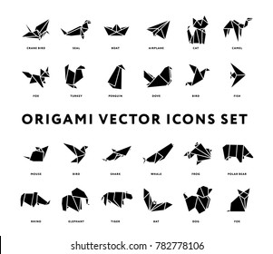 Origami Folded Paper Animals Shapes. Bird, Crane, Cat, Dog, Rhino, Fox, Mouse, Elephant. Flat Solid Icon Illustration Set Collection