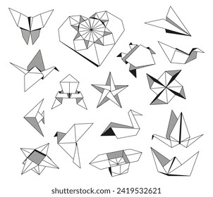 Origami Folded Paper Shapes: Bird, Crane, frog, butterfly, box, tulip. Flat Illustration Collection. line graphic art icon set.