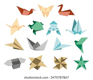 Origami Folded Paper Shapes: Bird, Crane, frog, butterfly, box, tulip. Flat Illustration Set Collection. Black silhouette icon