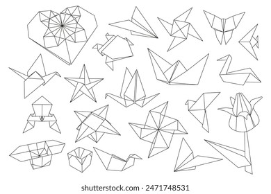 Origami Folded Paper Shapes: Bird, Crane, frog, butterfly, box, tulip. Flat Illustration Collection. line art icon set.