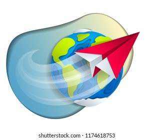 Origami folded toy plane flying around the cartoon paper cut earth, vector modern style 3d illustration isolated on white background.