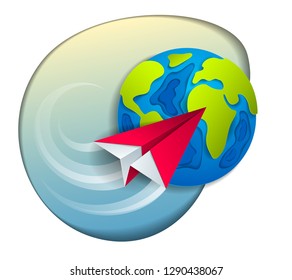 Origami folded toy plane flying around the cartoon paper cut earth, vector modern style 3d illustration isolated on white background.