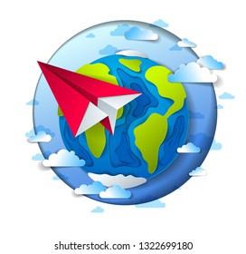 Origami folded toy plane flying around the cartoon paper cut earth with beautiful clouds, vector modern style 3d illustration isolated on white background.