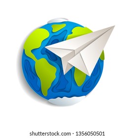 Origami folded toy plane flying around the cartoon paper cut earth, vector modern style 3d illustration isolated on white background.