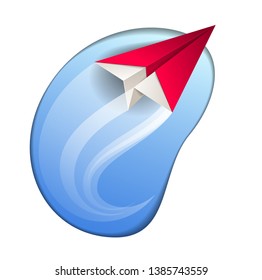 Origami folded toy plane flying in a blue sky abstract curvy shape, vector modern style 3d illustration isolated on white background.