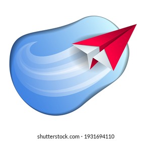 Origami folded toy plane flying in a blue sky abstract curvy shape, vector modern style 3d illustration isolated on white background.