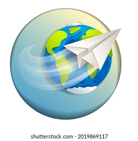 Origami folded toy plane flying around the cartoon paper cut earth, vector modern style 3d illustration isolated on white background.