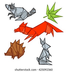 Origami. Forest animals: fox, raccoon, rabbit, hedgehog. Leaf. Isolated vector object on white background. Hand drawing.