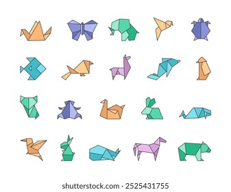 Animais geométricos origami. Artesanato japonês. Desenho vetorial. Coleção de elementos de design.