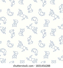 Origami geometric animals seamless vector pattern with fox rabbit and unicorn