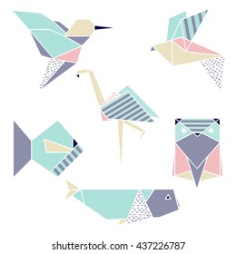 Conjunto geométrico de origen: flamingo, colibrí, pescado, ballena, búho. Ilustración vectorial. 