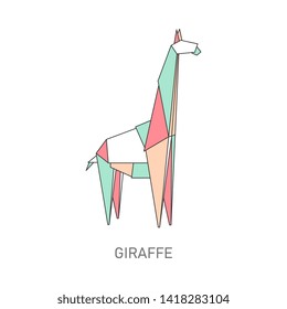 Origami giraffe from colorful folded paper, cartoon animal line art with creative geometric shapes in polygon graphic style, isolated flat vector illustration on white background