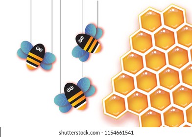 Origami Gold Honeycomb and Honey Bee in paper cut style. White background.