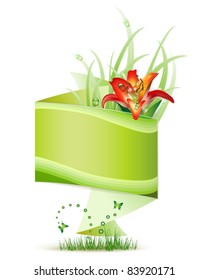 Origami green background with flowers and butterflies