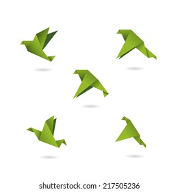 origami green birds icons set vector illustration