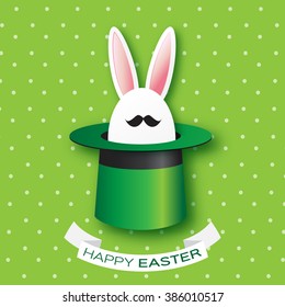 Origami Green Greeting card with Happy Easter - with white Easter rabbit with black mustache. Bunny ears in magician or illusionist hat. Hiding rabbit. Spring Funny Bunny. Easter Bunny. Easter Egg 