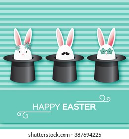 Origami Green Greeting card with Happy Easter - with White Easter rabbit and sunglasses,mustache. Bunny ears in magician or illusionist hat. Hiding rabbit.Spring Funny Bunny. Easter Bunny. Easter Egg 